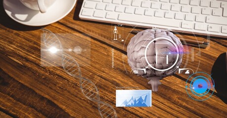 Composition of human brain and medical data processing over desk with keyboard and cup