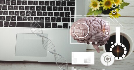 Composition of human brain and medical data processing over desk with laptop computer
