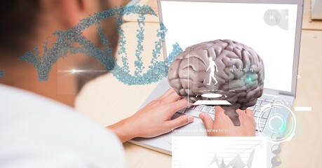 Composition of human brain and medical data processing over male doctor using laptop