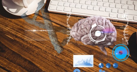 Composition of human brain and medical data processing over desk with keyboard and cup