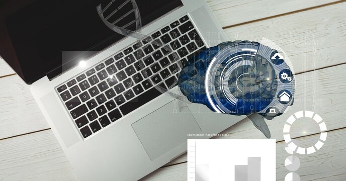 Composition of human brain and medical data processing over desk with laptop computer