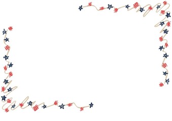 Composition of frame with stars and squiggles of american flag and copy space on white background