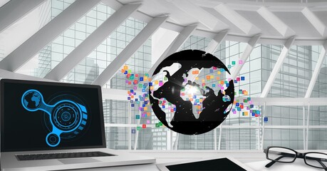 Composition of network of connections with icons and laptop over globe in modern office