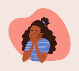 Happy cheerful female character is leaning her head on her hands