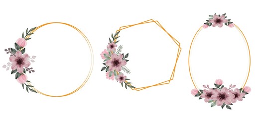 golden frame collection with pink watercolor floral bouquet
