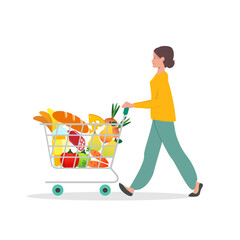 The girl goes shopping. Isolated vector illustration of the girl in yellow jumper pushing trolley. Grocery store concept.