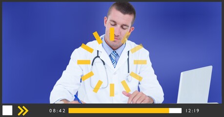 Composition of male doctor taking notes on video playback interface screen