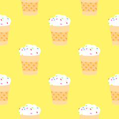 Summer pattern. Colorful seamless pattern of ice creams in waffle cups on a yellow background. Vector illustration.