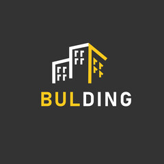 Construction logo in the form of houses or a city. Vector graphics isolated on dark background.