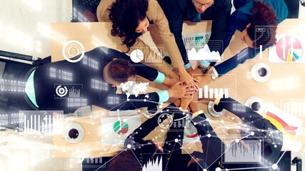 Creative visual of business people in the corporate staff meeting . Concept of digital technology for marketing data analysis and investment decision making .