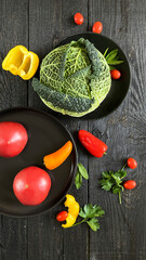 Stuffed savoy cabbage rolls in tomato sauce. Top view 