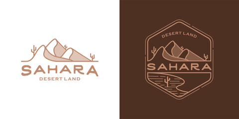 Desert land line art concept. Sahara desert logo illustration design template - obrazy, fototapety, plakaty