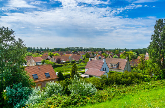 beautiful view of breskens city behind the dunes, Zeeland, the Netherlands