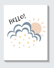 Cute sticker of sun coming out of a cloud with hello lettering on white background