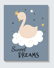 Cute sticker of sleeping dove with sweet dreams lettering on blue background