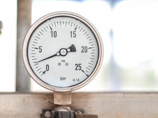 Pressure gauge of measuring instrument close up in industry zone at power plant