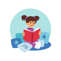 Hand-drawn flat vector illustration with cartoon girl sitting on the floor and reading a book. Child in pajama among pillows reads fairytale. Book lover, home education concept.