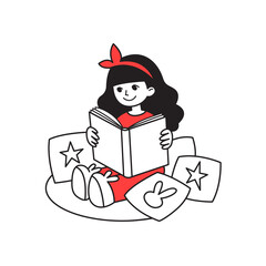 Illustration of a little girl with black hair sitting on the floor in pajamas and reading a book. Cartoon style vector art of a kid for preschool education, book lover concept. 