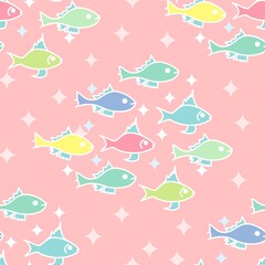 Cute Fish In Pastel Multicolor Repeat Vector Pattern On A Pink Sparkly Backdrop