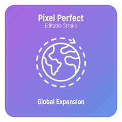 Global expansion thin line icon. Globe with around arrow. Globalization. Pixel perfect, editable stroke. Vector illustration.