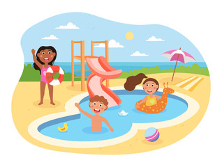 Little happy kids are having fun in aquapark together