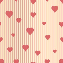 Fototapeta na wymiar Sweet Hearts Vector Seamless Pattern On A Striped Backdrop In Red And Cream