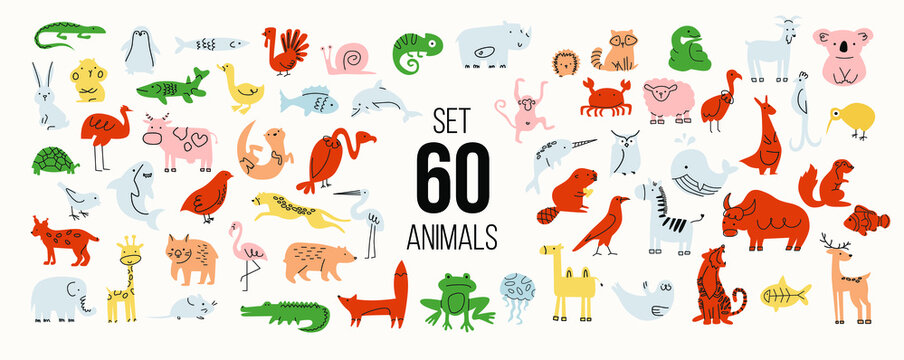 Set of 60 animals: mammals, birds, fish. Simple minimalistic graphics, muted light colors.