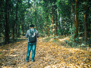 man standing in a forest capturing photo with mobile phone