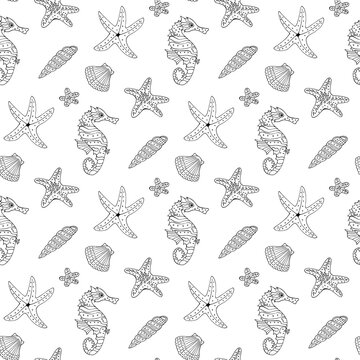 Seamless pattern with black-and-white sea shells, seahorse and starfish on white background. Vector image.