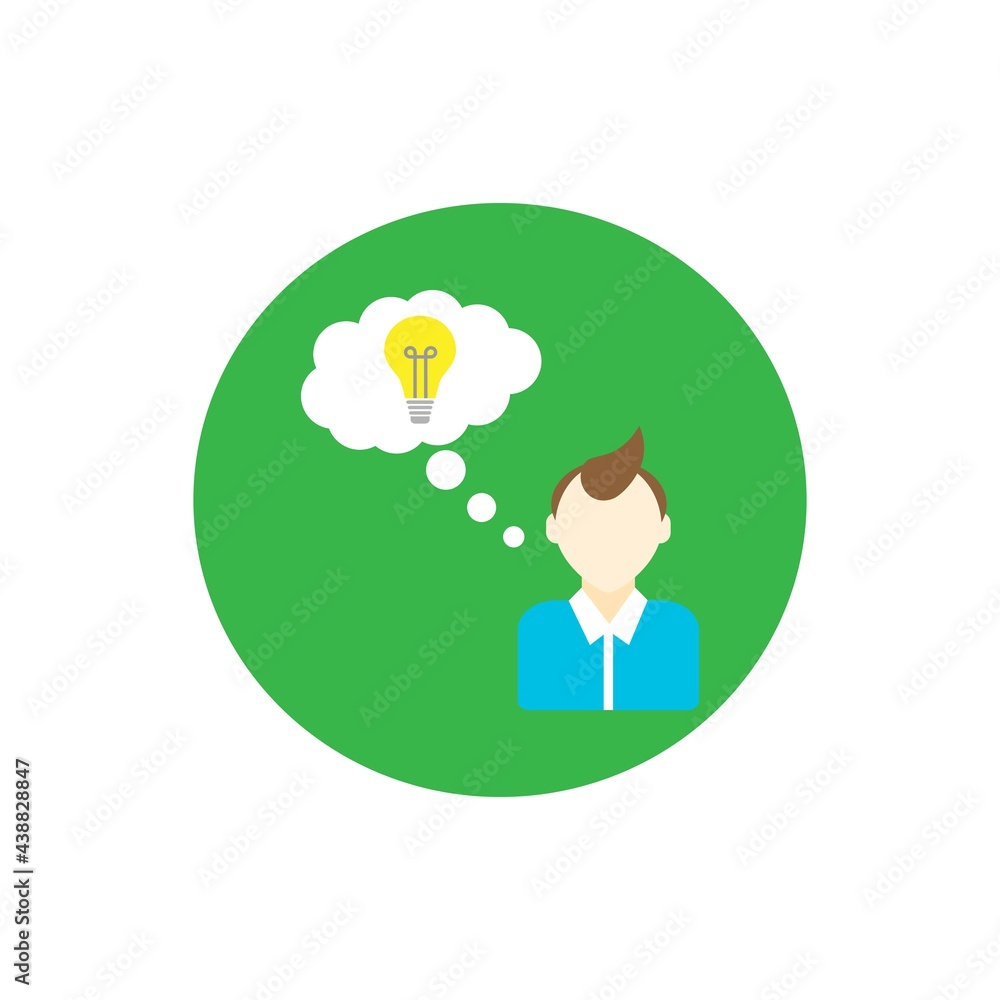 Poster vector illustration in modern flat design style - man have new idea with bulb on head. full editable