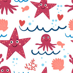 Seamless background with cute sea animals. Pattern with star and octopus. For design, web, graphics, textiles and advertising. Vector illustration