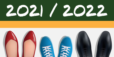Concept de la rentrée des classes de 2022, avec pour symbole, les chaussures vues du dessus de deux parent et d’un élève devant la ligne de départ.