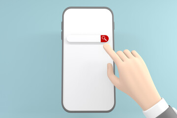 The hand that is in the index finger presses the search button on the phone screen.3d rendering.