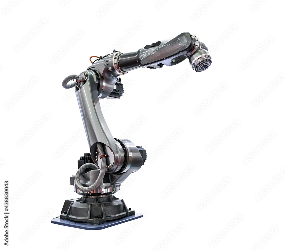 Wall mural robot arm machine tool for industrial manufacture factory isolated on white