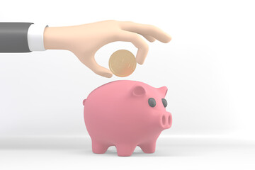hand picking coins to put the piggy bank on white background. 3D rendering