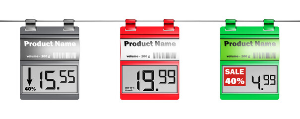 Electronic shelf labels. E-paper displays with paper label holders for supermarket price tags. Color set. Easy to recolor. Vector template