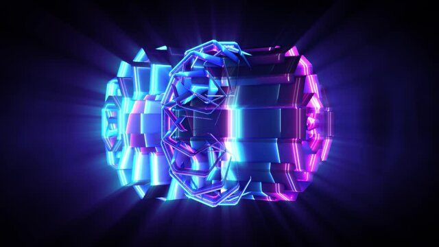 Abstract background 3D animation shiny blue futuristic complex geometry object transforms in space, loop. Great for scientific, technological, industrial, futuristic, sci-fi illustrations, etc.