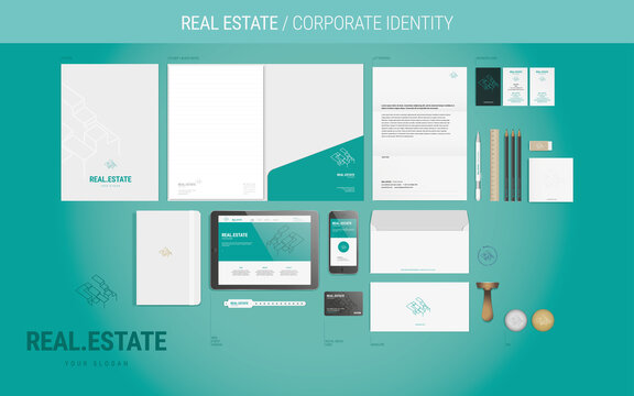 CORPORATE IDENTITY Real Estate - blue logo and instruments for your business: letterhead, folder, block notes, agenda, pin, web; all in vectors.