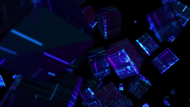 Abstract background 3D animation futuristic cyber objects, data pieces fluctuating in a space. Great for scientific, technological, industrial, futuristic, sci-fi illustrations, etc.