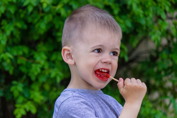 Photo of a boy with a lollipop on a green background. Selective focus