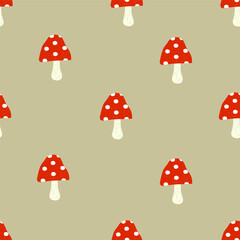 Fly agaric seamless pattern. Red mushroom pattern design. Vector autumn forest illustration. Simple design for kids cloths.