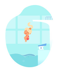 Kid jumping in pool from tower. Girl diving into water to swim in swimmibg pool. Vector illustration. Happy active child having fun on holiday.