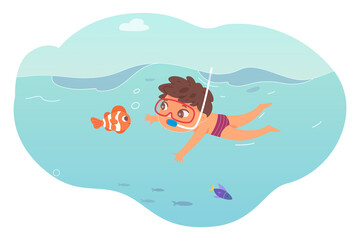 Little boy swimming underwater in sea. Child in blue water having fun in summer vacation vector illustration. Happy kid in goggles and snorkel diving and looking at fish