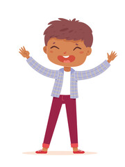 Happy boy standing with arms up. Joyful smiling child. Positive emotion and fun vector illustration. Cute cheerful little kid in good mood in party isolated on white background