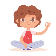 Happy boy sitting and showing okay sign. Joyful smiling child. Positive emotion and fun vector illustration. Cute cheerful little kid in good mood with symbol on white background