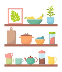 Kitchen utensils. Cooking utensils on shelves. Various types of dishes: creamer, kettle, saucepan and others. Flat vector illustration on isolated background. Colorful background.