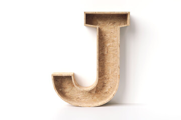 Recycled wood font. Letter J made of oriented strand board planks. Nice to display eco friendly products. High detailed 3D rendering.