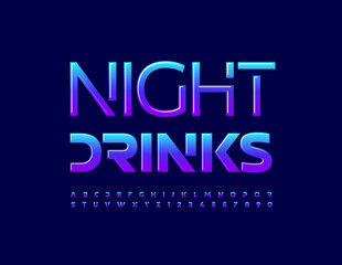 Fototapeta na wymiar Vector creative sign Night Drinks with Gradient color Alphabet Leters and Numbers. Lunar bright Font