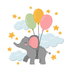 Baby elephant flies on balloons. Poster for the nursery, postcards, print for children clothes, baby shower. Vector illustration.