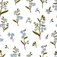 Cute blue branch of forget-me-not flower seamless pattern. Delicate summer herb texture. Vector background for paper, cover, fabric, interior decor.